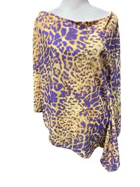 Adrienne Purple and Yellow Leopard Poncho Tunic Size M Lined LSU Lightweight NWT